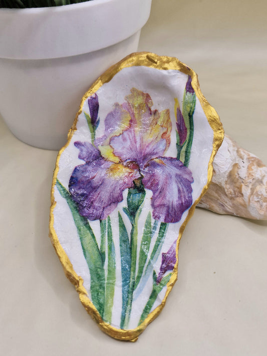 BMO-011  Lilac Iris Flower Special Oyster Shell Trinket Dish