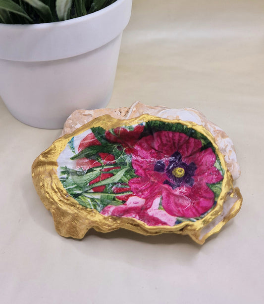 BMO-016  Fuchsia Poppy Flower Oyster Shell Trinket Dish