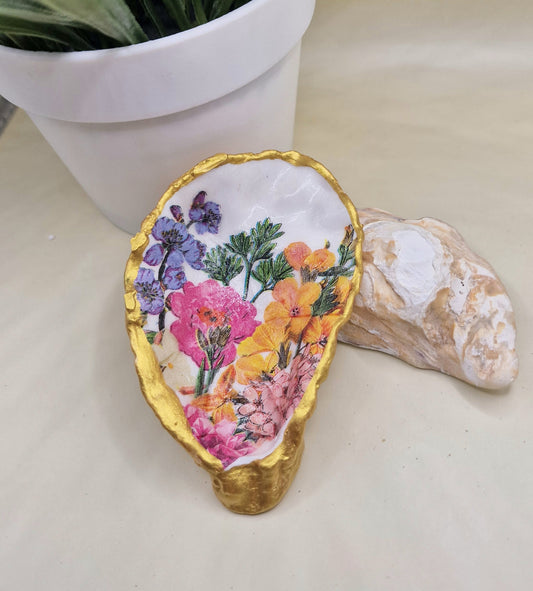BMO-018  Spring Flowers Small Oyster Shell Trinket Dish