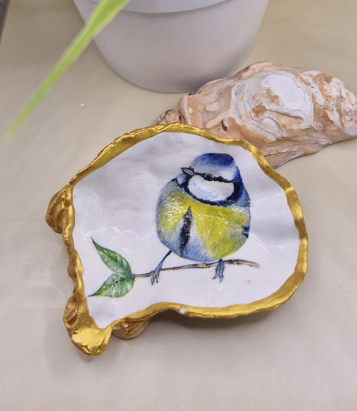 BMO-033  Blue Tit Bird Oyster Shell Trinket Dish Gift