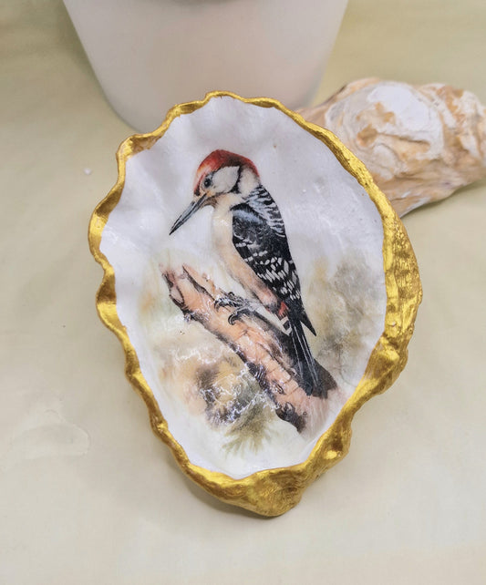 BMO-032  Woodpecker Bird Oyster Shell Trinket Dish Gift