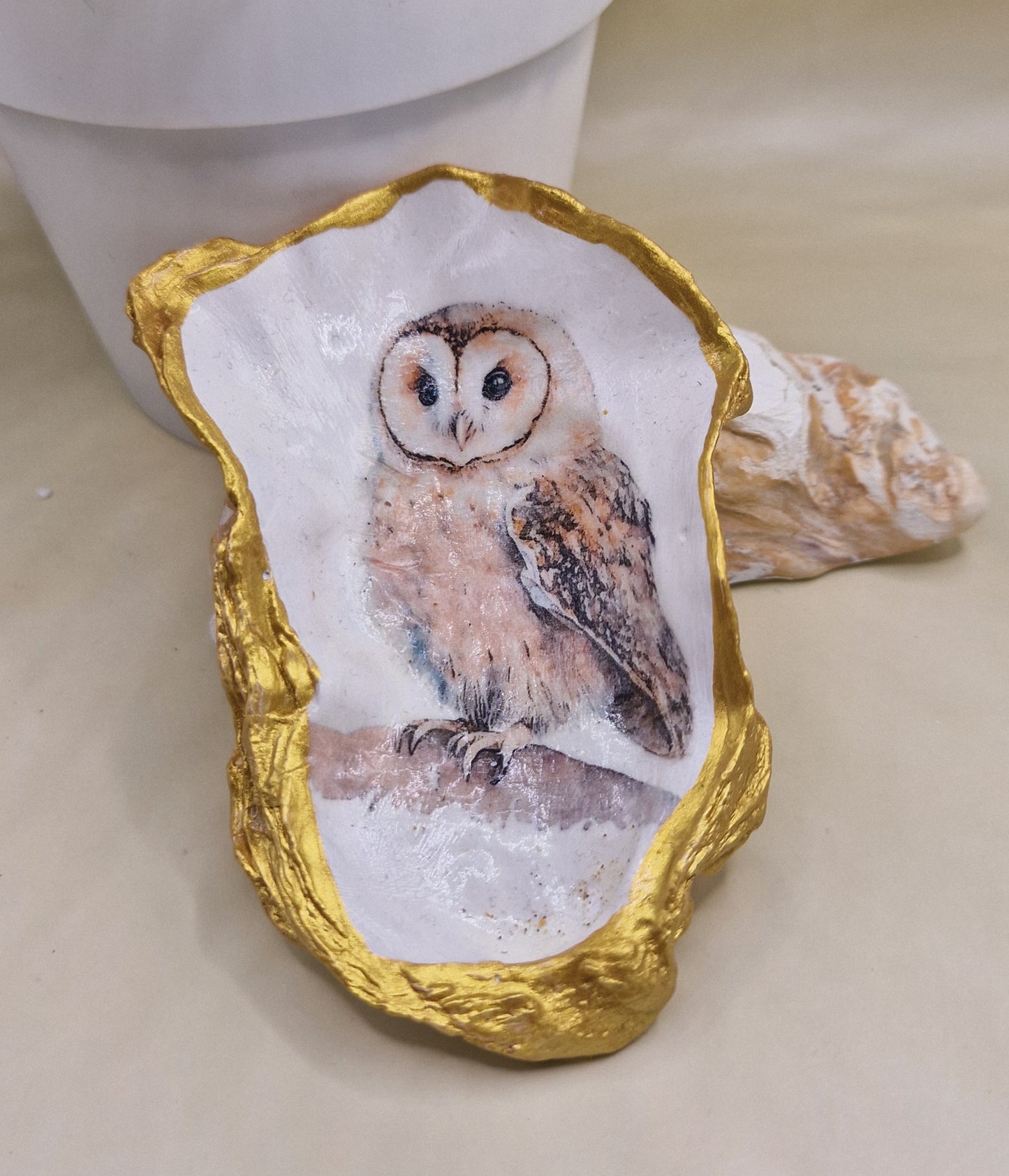 BMO-046  Tawny Owl Oyster Shell Trinket Dish