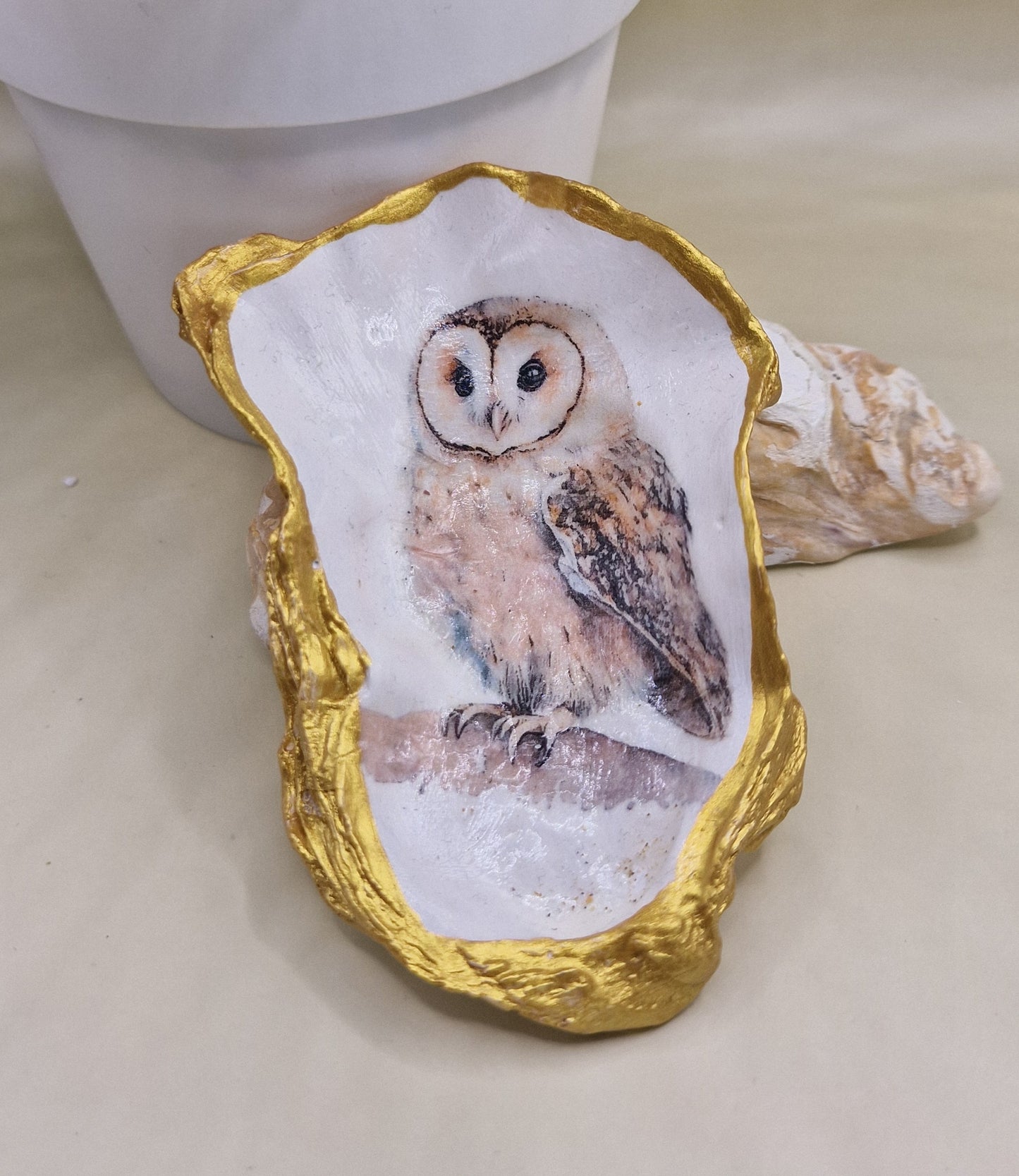 BMO-046  Tawny Owl Oyster Shell Trinket Dish
