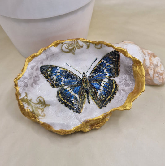 BMO-048  Blue Butterfly Oyster Shell Trinket Dish