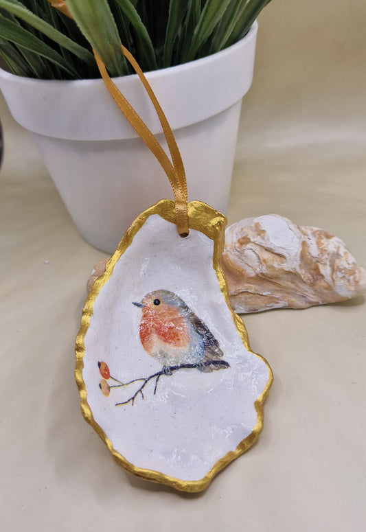 BMO-075  Robin Redbreast Oyster Shell Decoration Ornament