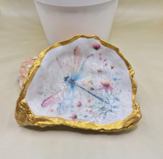 BMO-070  Dragonfly Pink Blue Oyster Shell Trinket Dish