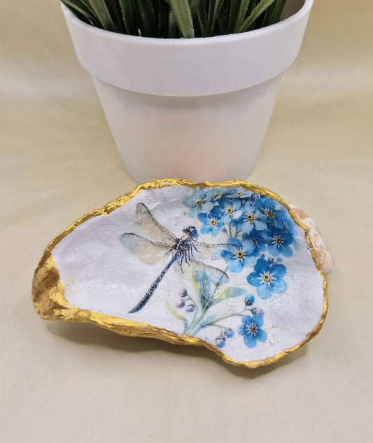 BMO-071  Dragonfly Forget Me Not Oyster Shell Trinket Dish