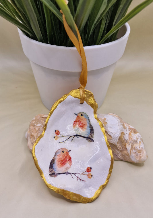 BMO-076  Robin Redbreast Duo Oyster Shell Decoration Ornament