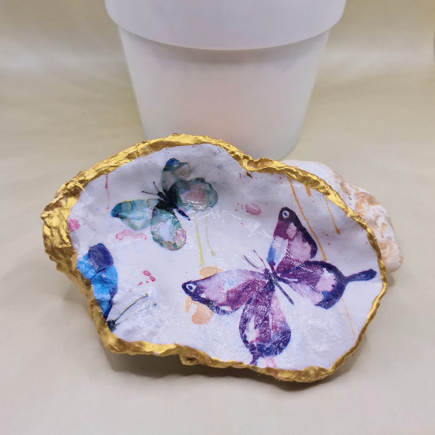 BMO-051  Purple Butterfly Oyster Shell Trinket Dish
