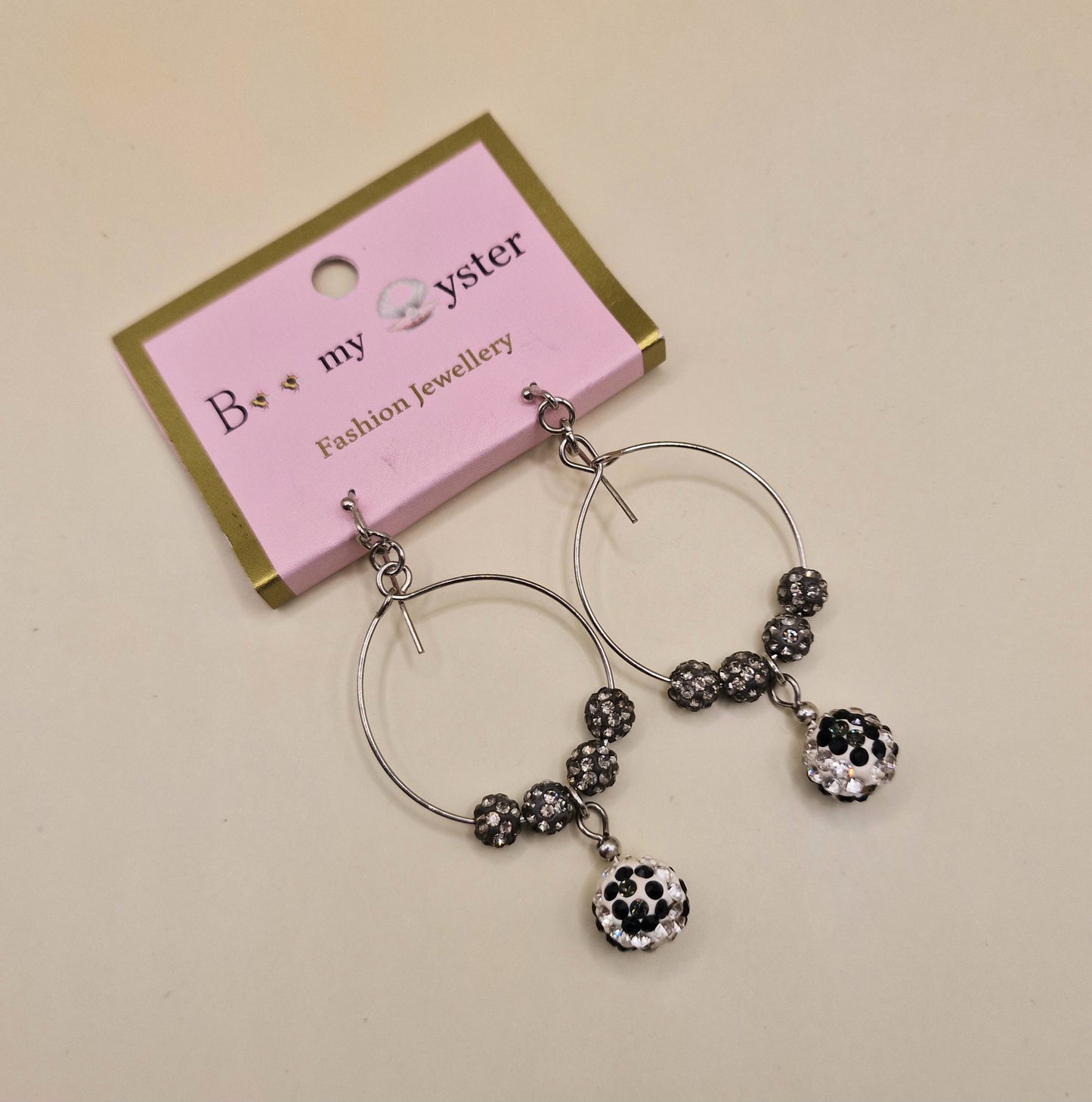 Zebra Crystal Ball Pierced Teardrop Hoop Silver Fashion Earrings