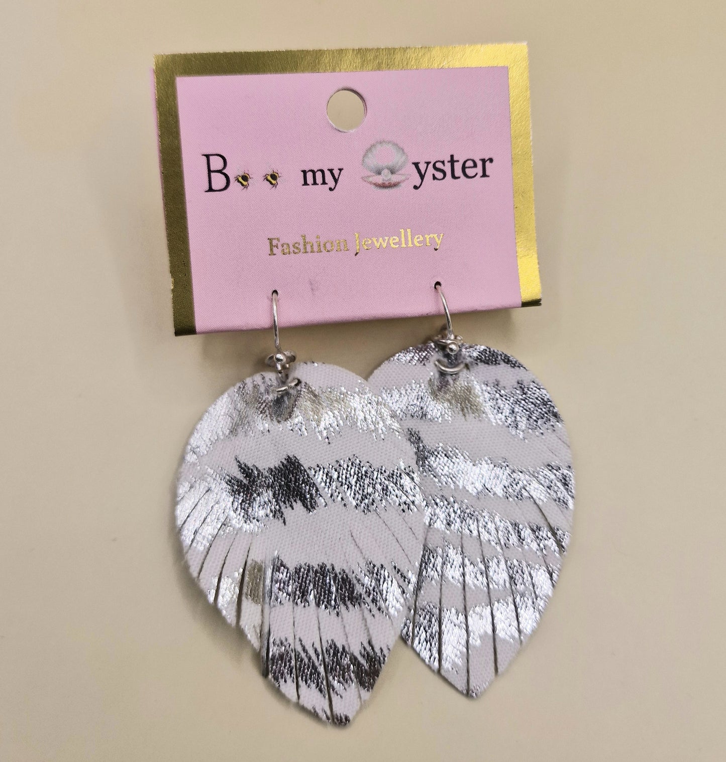 JEW-009  Silver Metallic Fabric Feather Drop Hoop Fashion Earrings