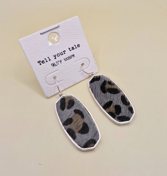 JEW-022  Grey Leopard Pierced Drop Oblong Fashion Earrings