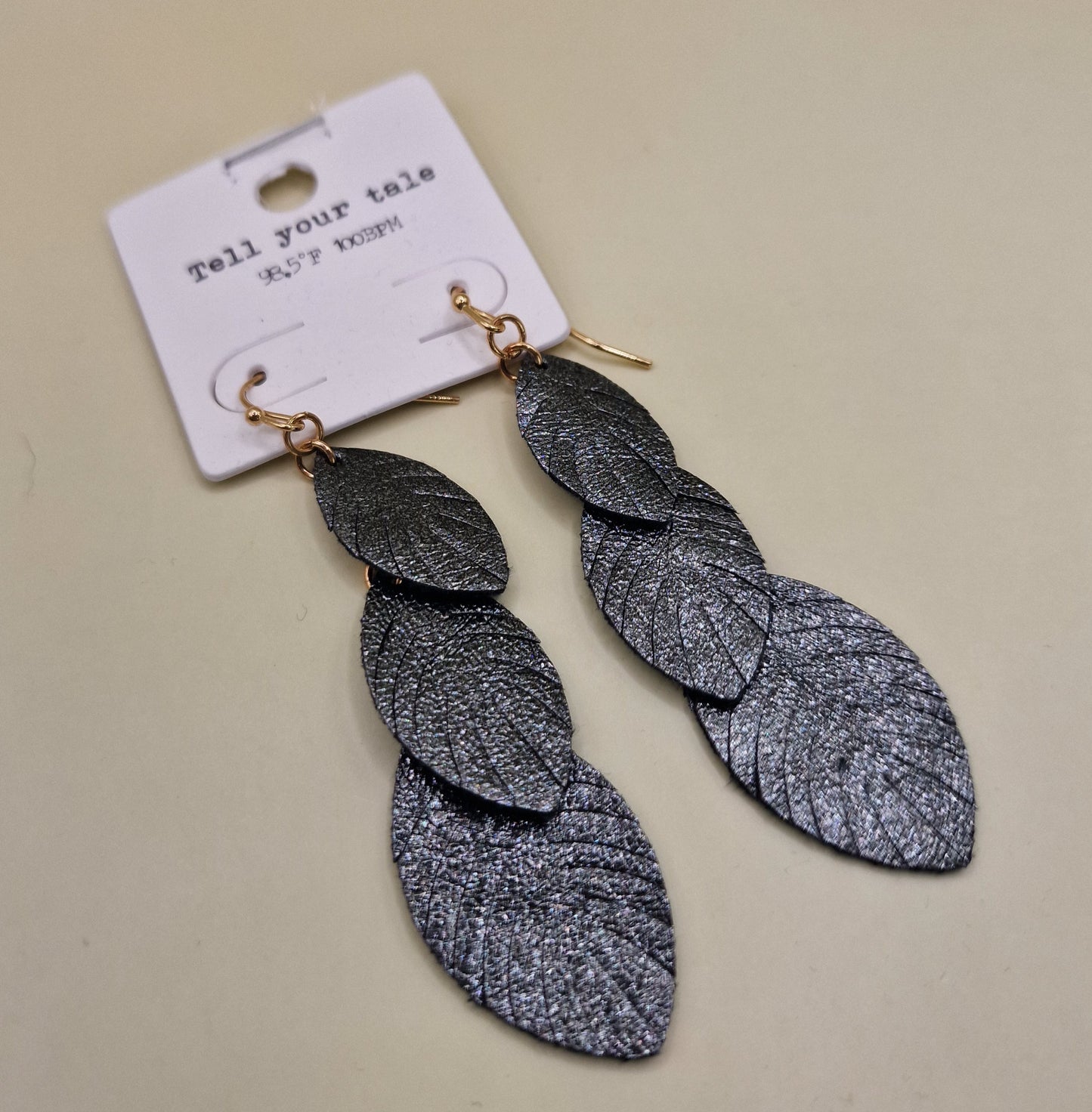 JEW-023  Black Sparkly Pierced Fabric Feather Earrings