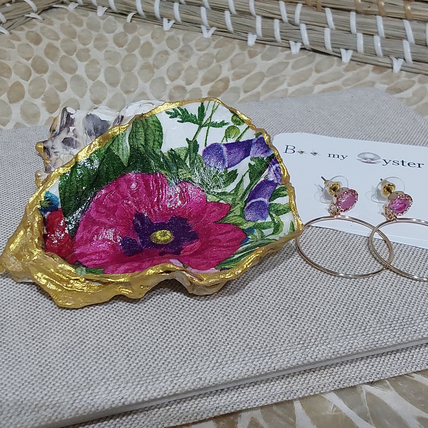 NEW Pink Purple Lupin Flower Oyster Shell Trinket Dish Gift