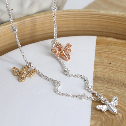 Delicate Trio of Bees on Silver Plated Necklace