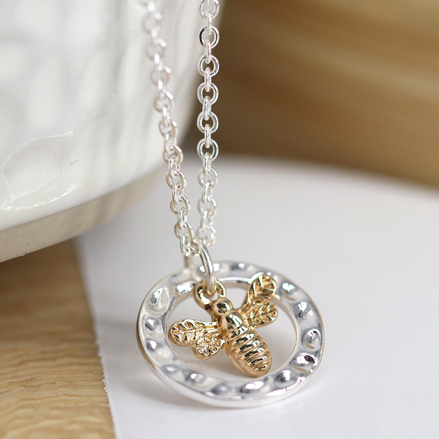 Silver Plated Disc with Gold Bumble Bee Necklace by POM