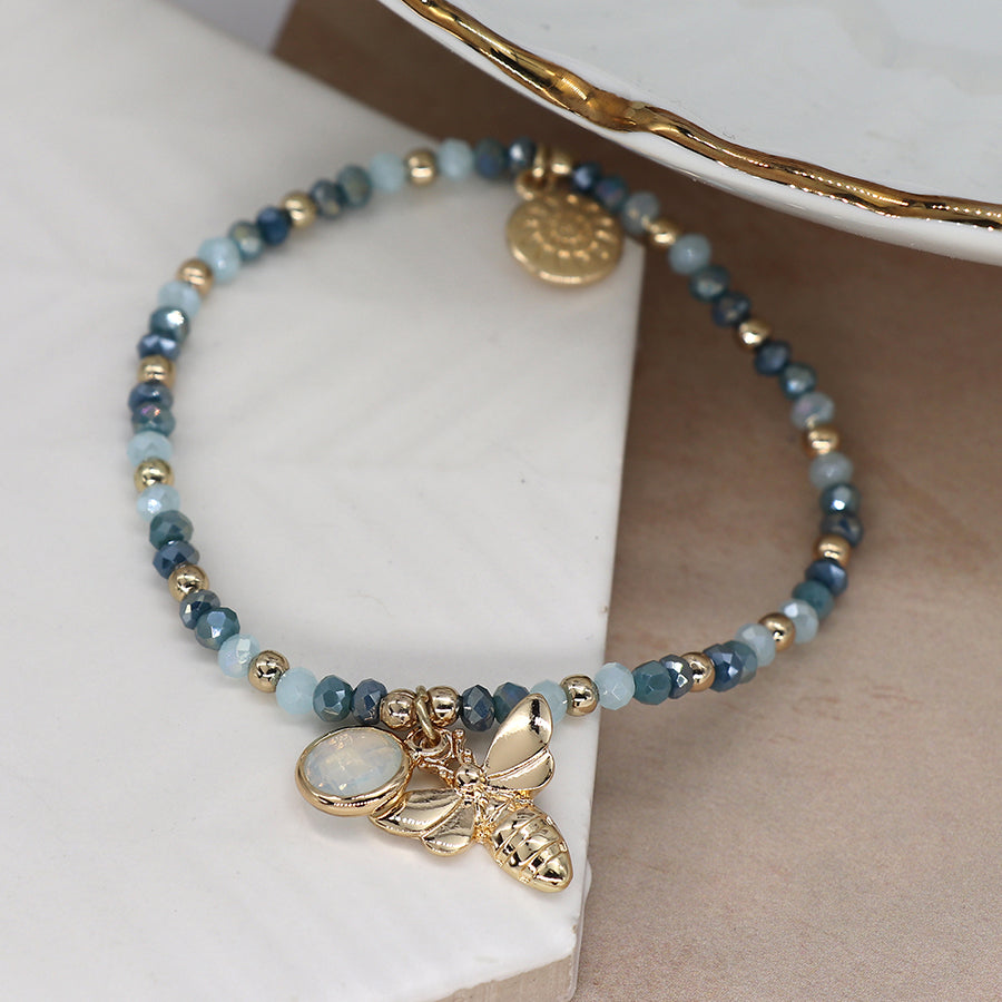 Denim Blue Crystal Beaded Stretch Bracelet Bee Charm by POM