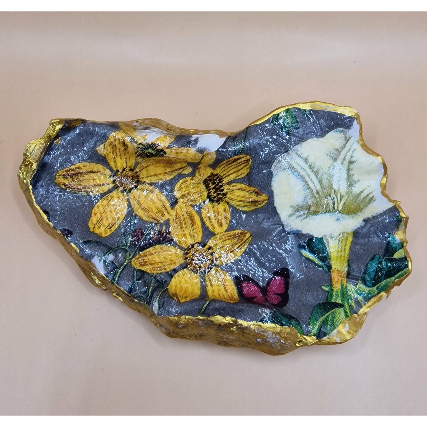 Yellow Lily Flowers Oyster Shell Trinket Dish