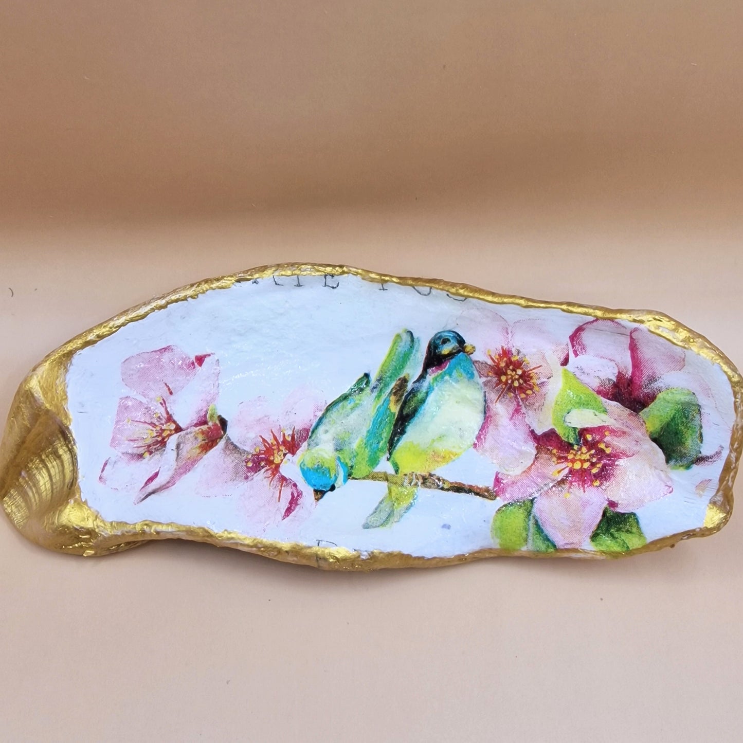 Lovebirds on Cherry Blossom Oyster Shell Trinket Dish