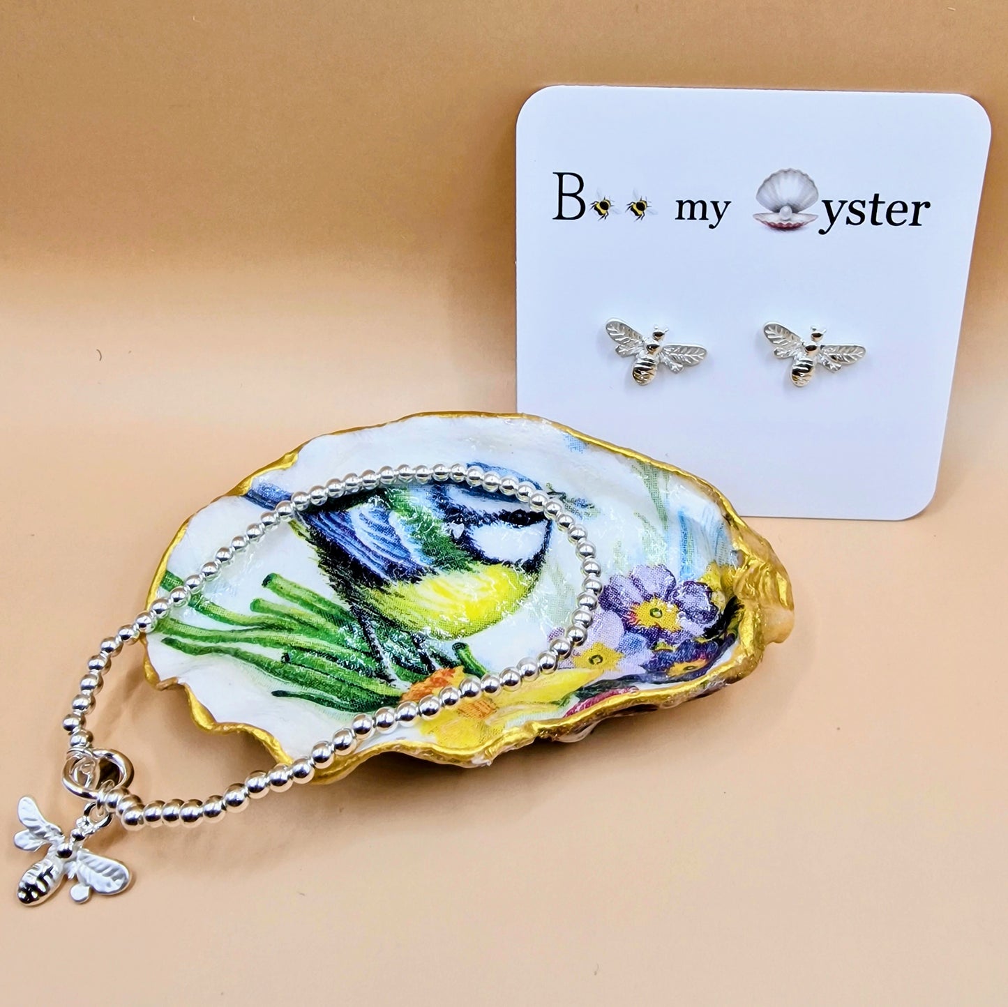 Blue Tit Spring Flowers Oyster Shell Trinket Dish