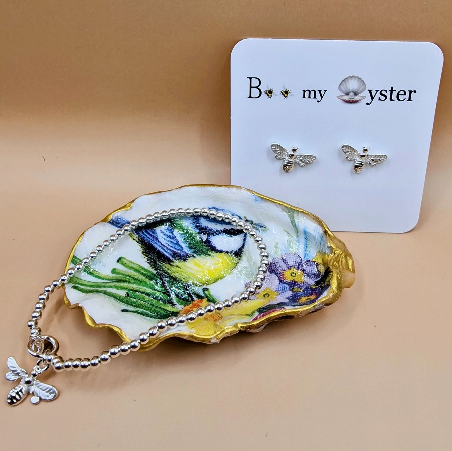 Blue Tit Spring Flowers Oyster Shell Trinket Dish