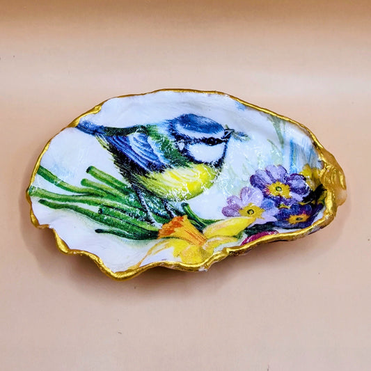 Blue Tit Spring Flowers Oyster Shell Trinket Dish