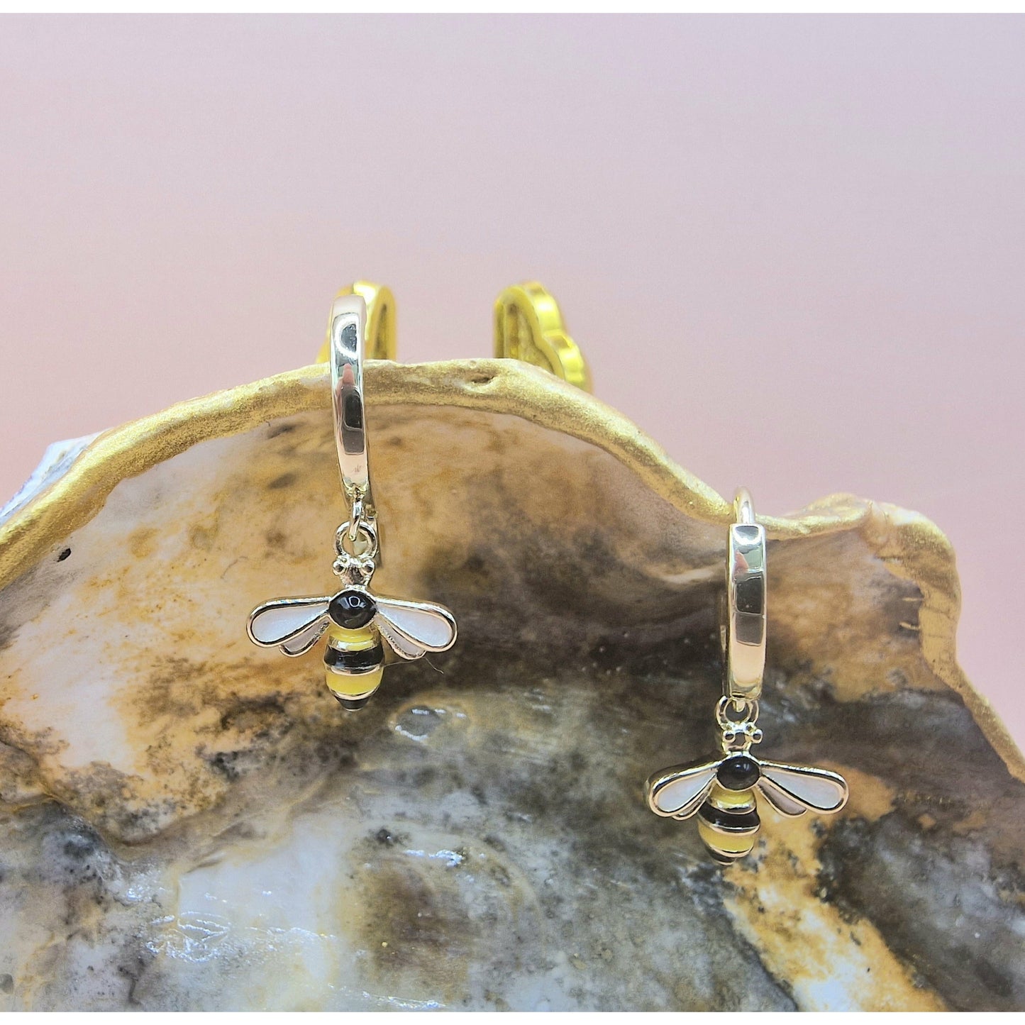 Pretty Bumble Bee Drop Hoop Earrings Pierced Gold Colour