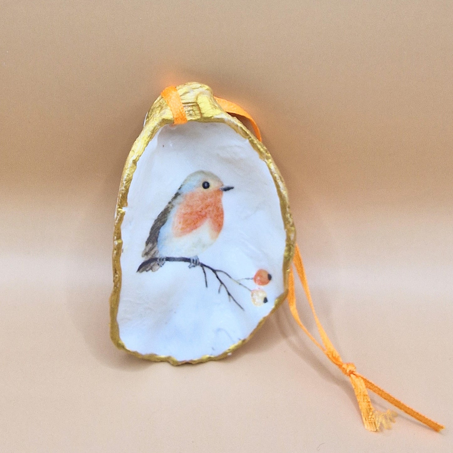 Hanging Ornament Robin Redbreast Oyster Shell Decoration