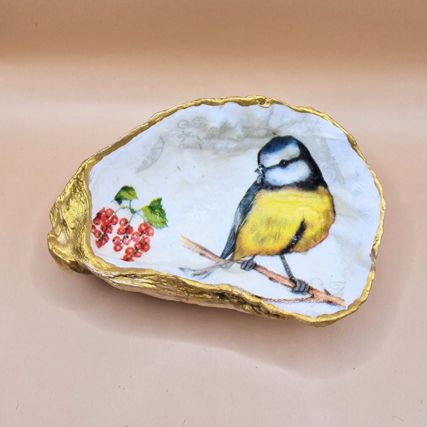 Blue Tit with Berries Oyster Shell Trinket Dish