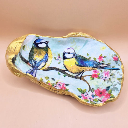 Blue Tit Duo Blossom Medium Oyster Shell Trinket Dish