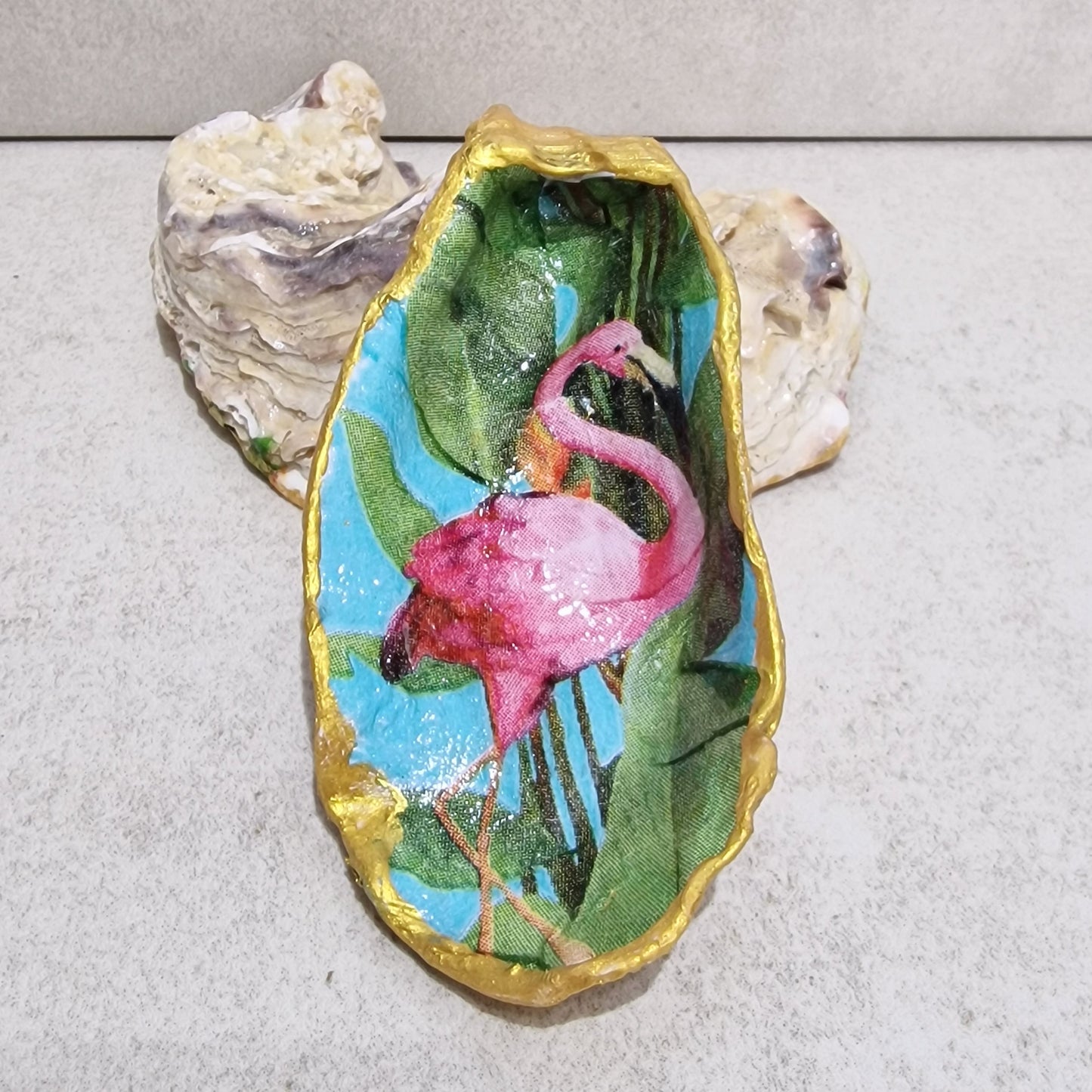 Pink Flamingo Bird Oyster Shell Trinket Dish