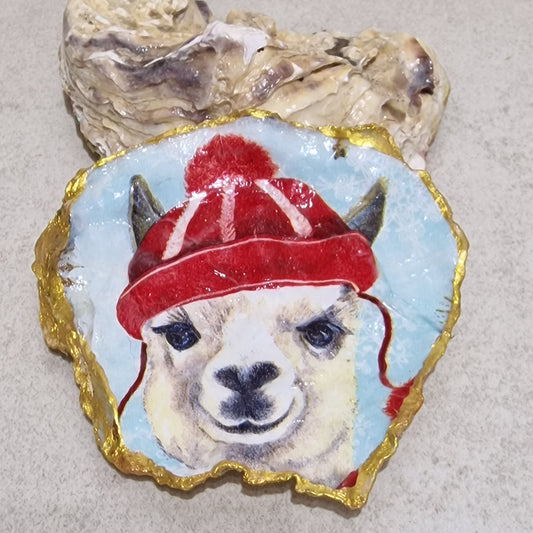 Christmas Llama Alpaca Oyster Shell Trinket Dish
