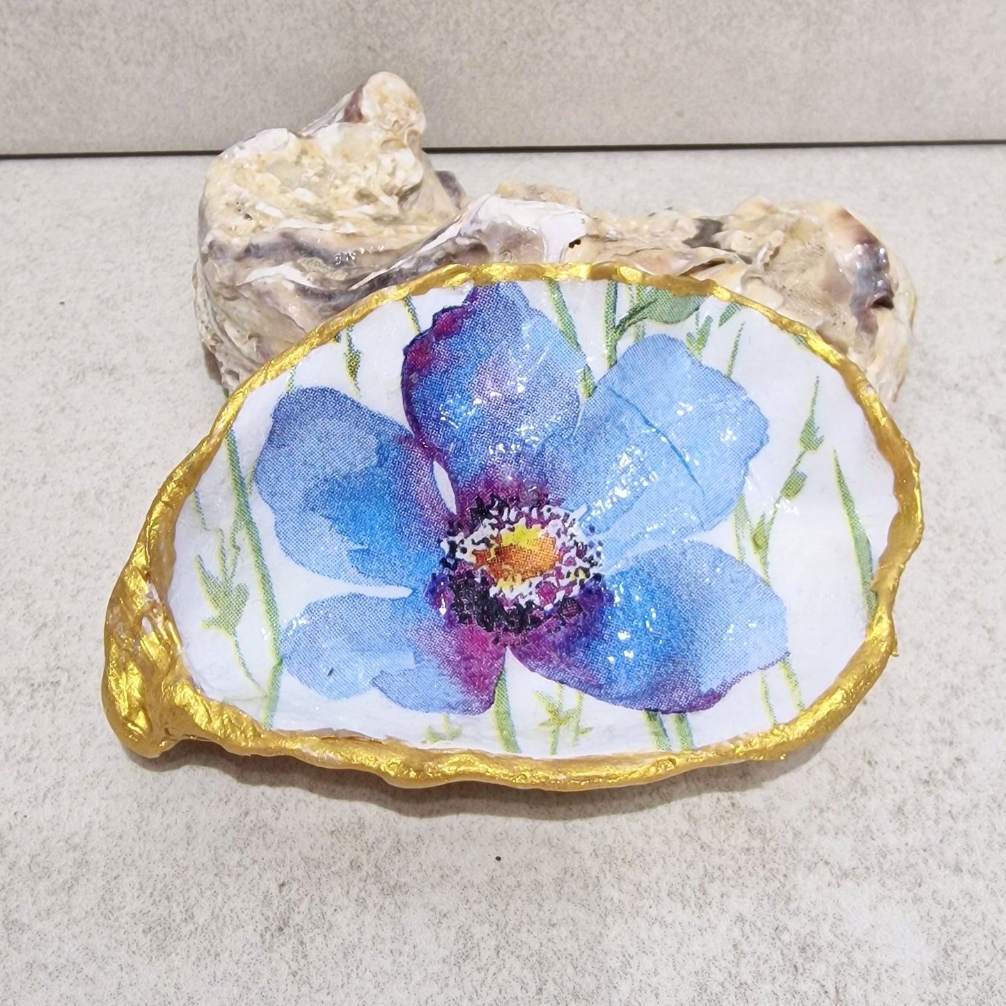 Blue Poppy Flower Small Oyster Shell Trinket Dish