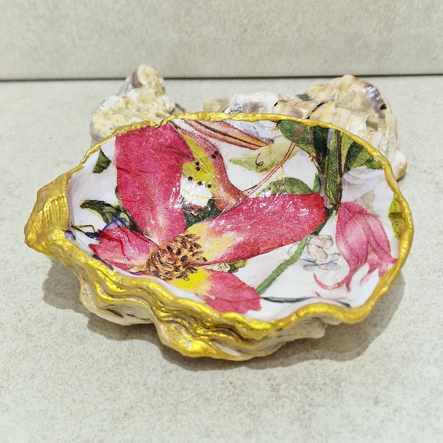 Pink Iris Flower Medium Oyster Shell Trinket Dish