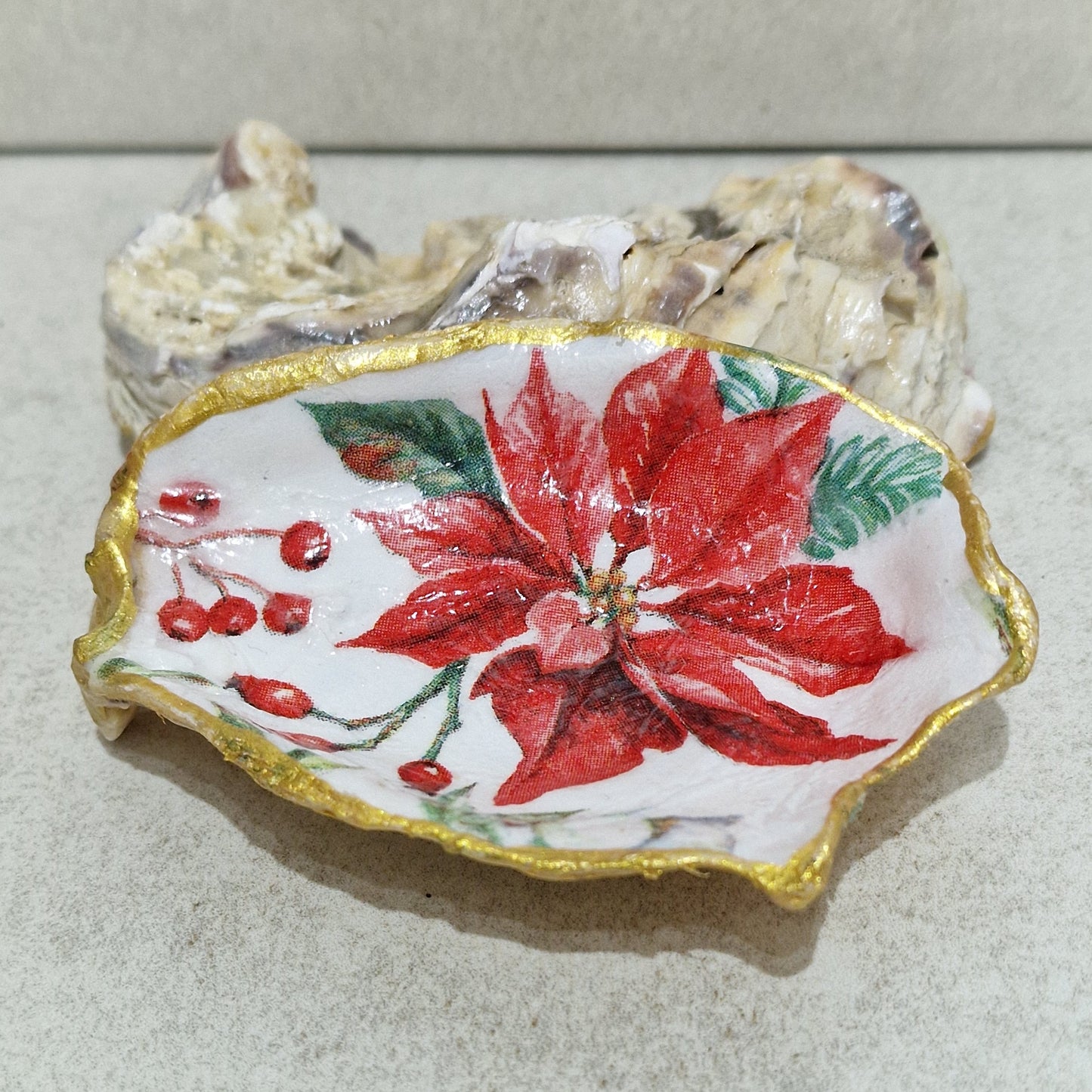 Christmas Poinsettia Red Flower Oyster Shell Decorative Trinket Dish