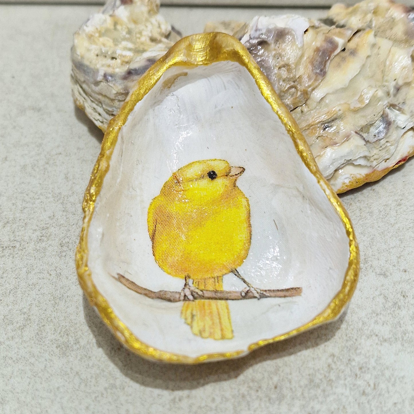 Canary Yellow Bird Flower Oyster Shell Trinket Dish