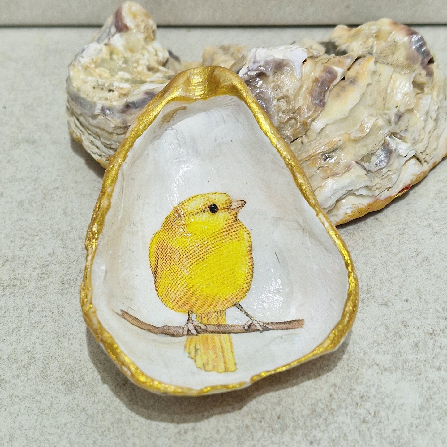 Canary Yellow Bird Flower Oyster Shell Trinket Dish