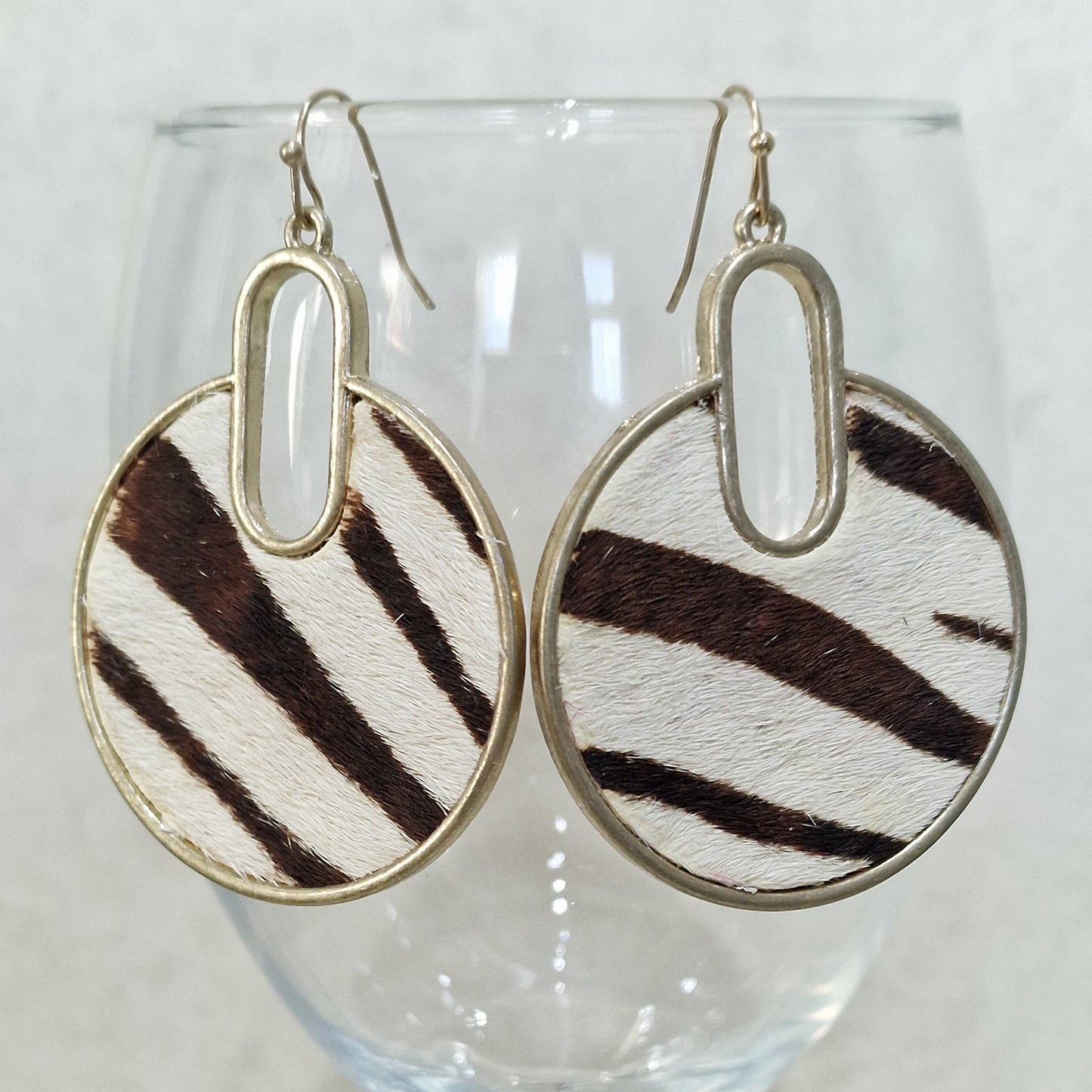Cream Zebra Print Pierced Drop Disc Fashion Earrings