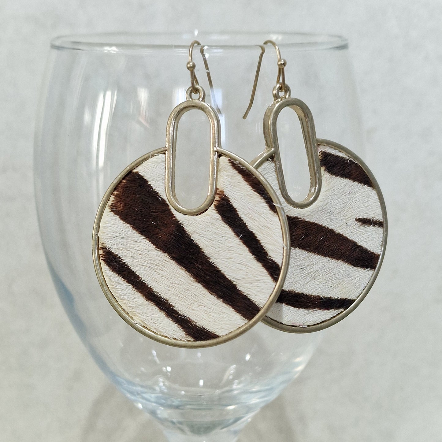 Cream Zebra Print Pierced Drop Disc Fashion Earrings