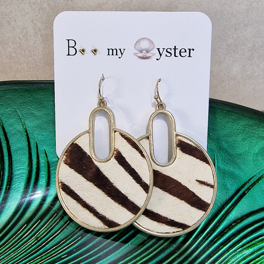 Cream Zebra Print Pierced Drop Disc Fashion Earrings