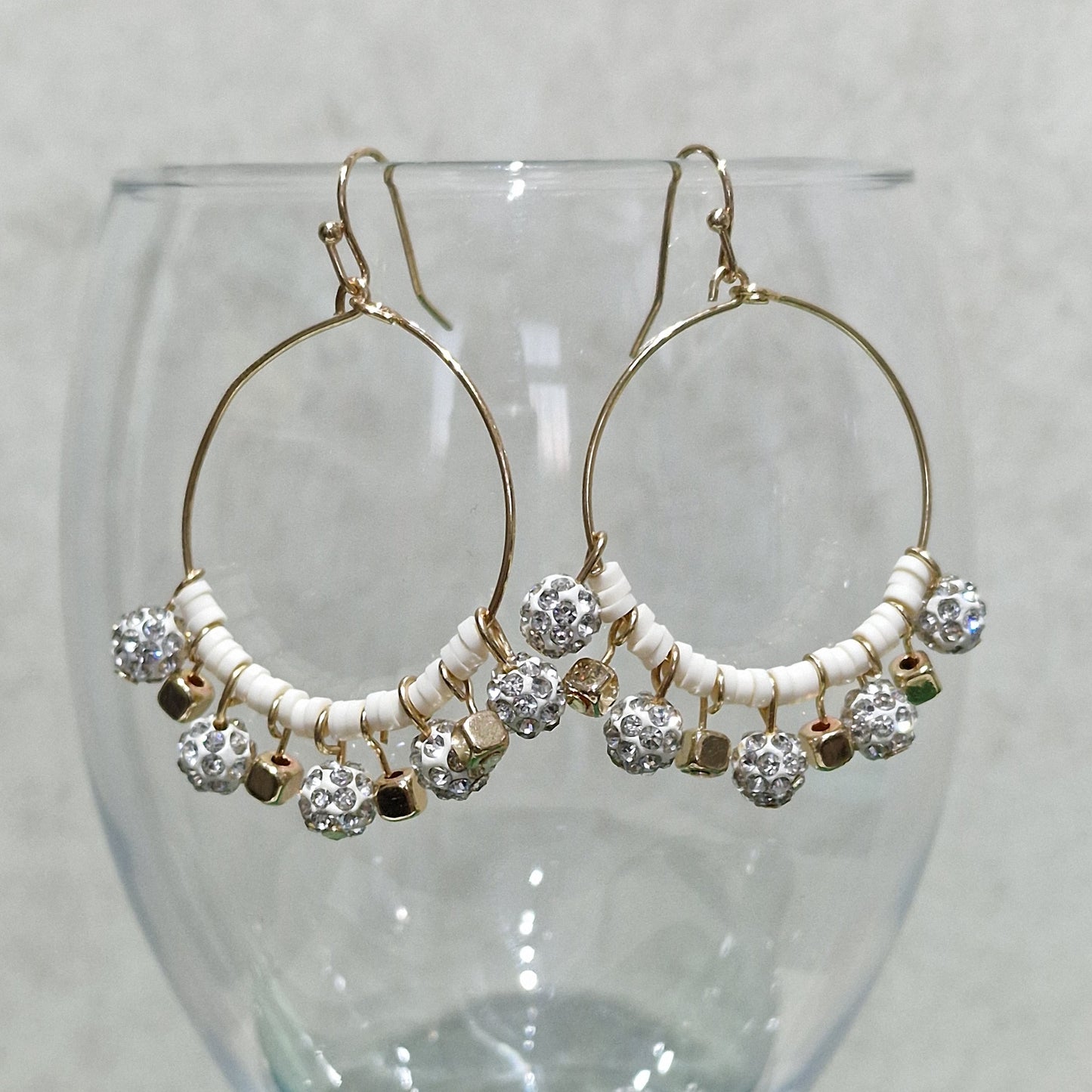White Clear Crystal Ball Beaded Pierced Hoop Fashion Earrings