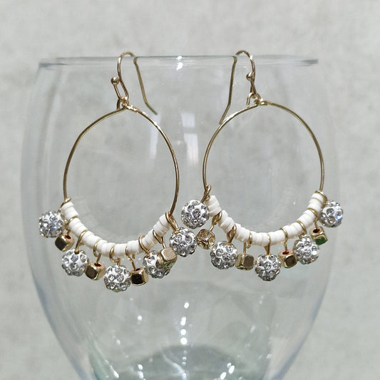 White Clear Crystal Ball Beaded Pierced Hoop Fashion Earrings