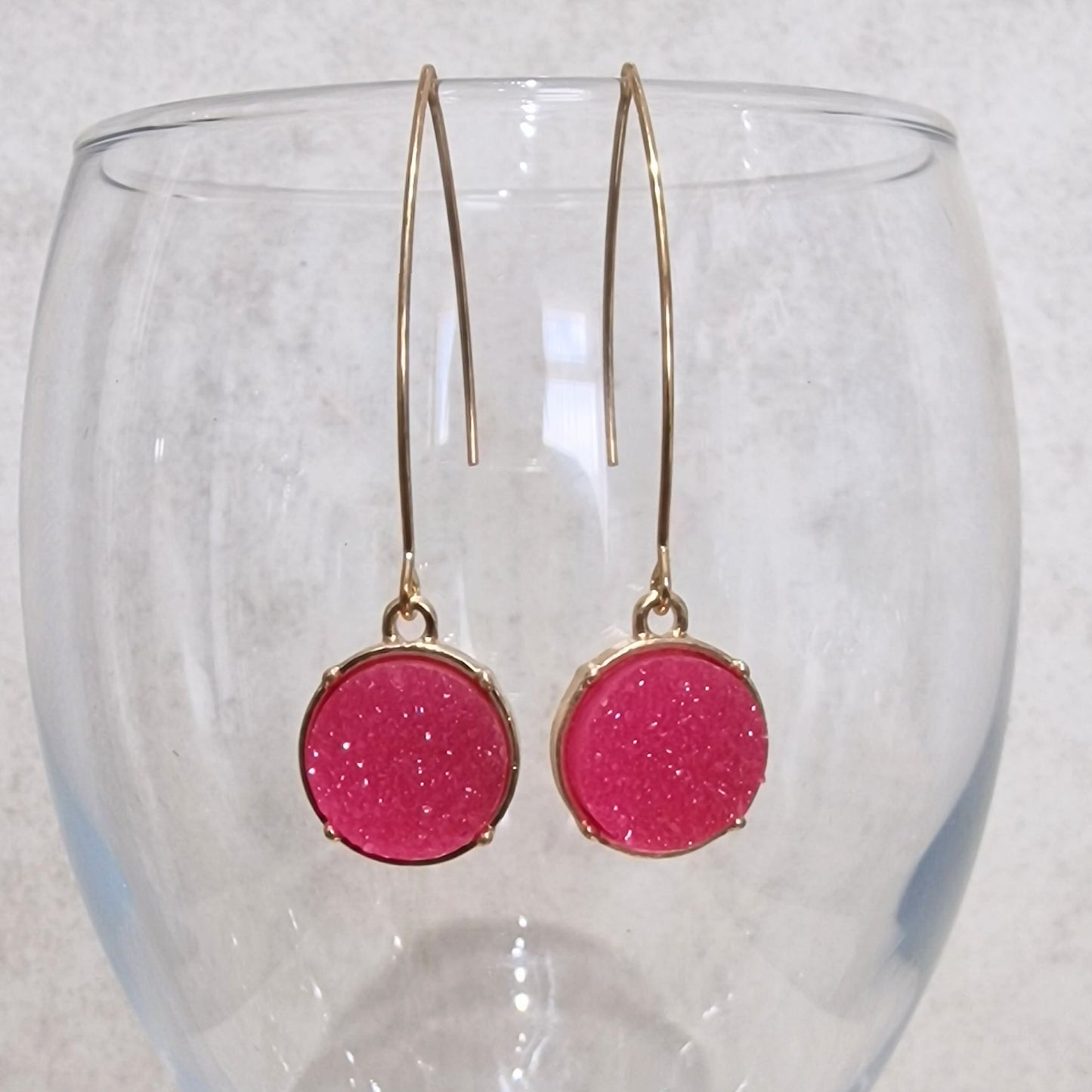 Fushia Pink Druzy Long Pierced Fashion Earrings