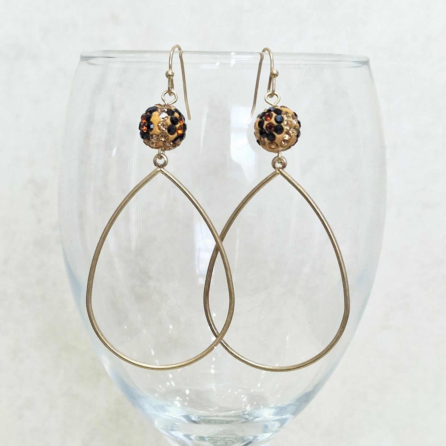 Leopard Print Crystal Ball Pierced Teardrop Hoop Gold Fashion Earrings