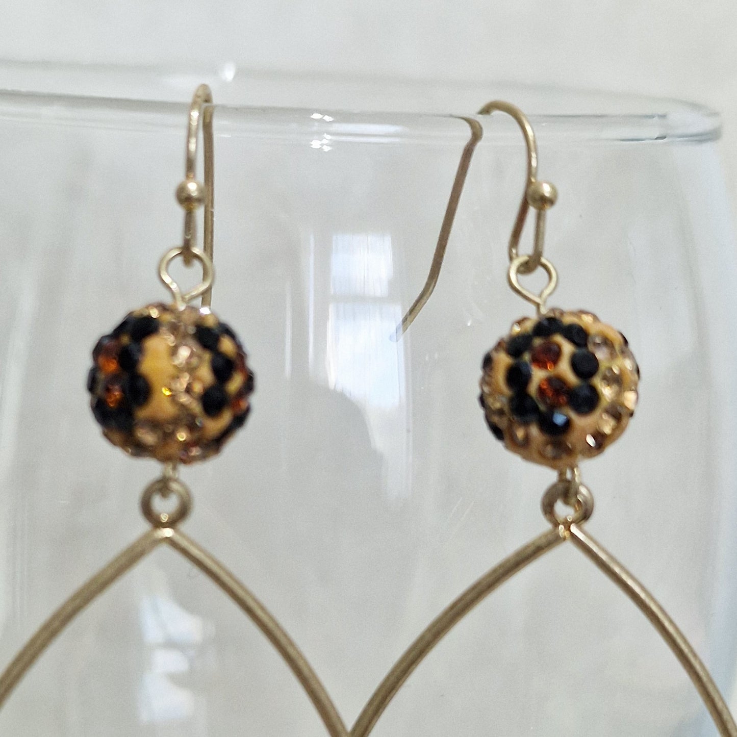 Leopard Print Crystal Ball Pierced Teardrop Hoop Gold Fashion Earrings