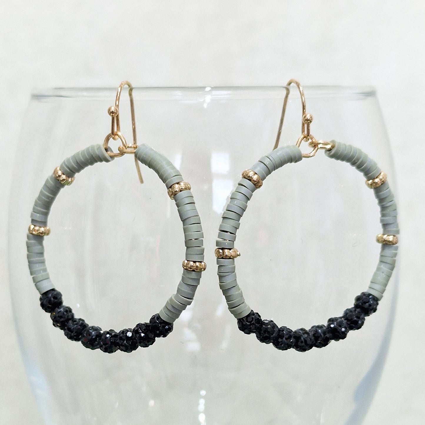 Black Grey Crystal Ball Pierced Hoop Fashion Earrings