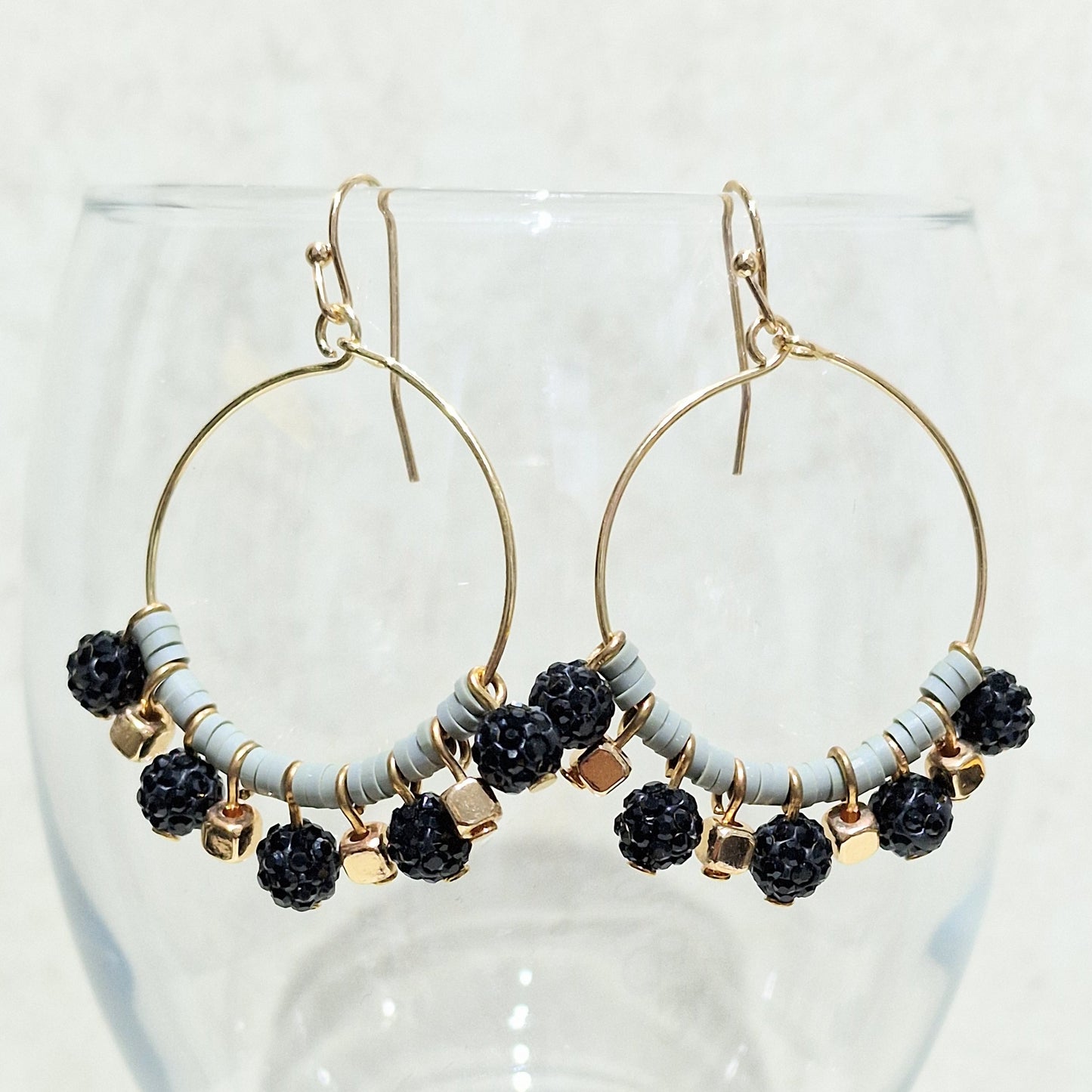 Black Grey Crystal Ball Beaded Pierced Hoop Fashion Earrings