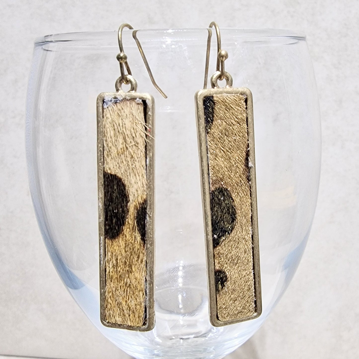 Gold Shimmer Leopard Print Pierced Drop Oblong Fashion Earrings