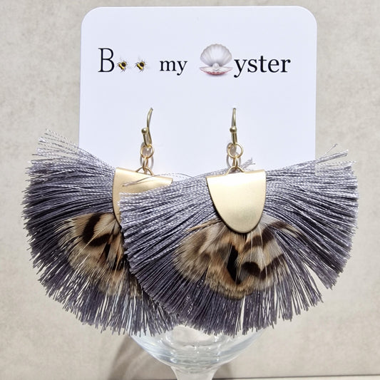 Stunning Grey Silk Fan Pierced Fashion Earrings