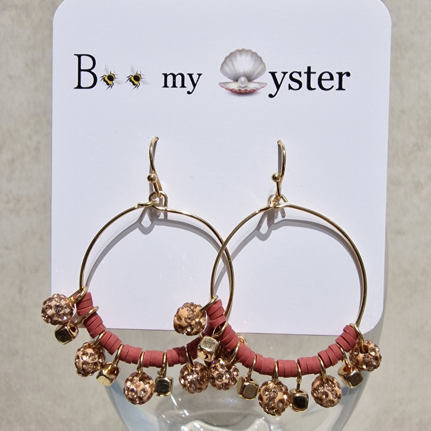 Rose Gold Crystal Ball Beaded Pierced Hoop Fashion Earrings